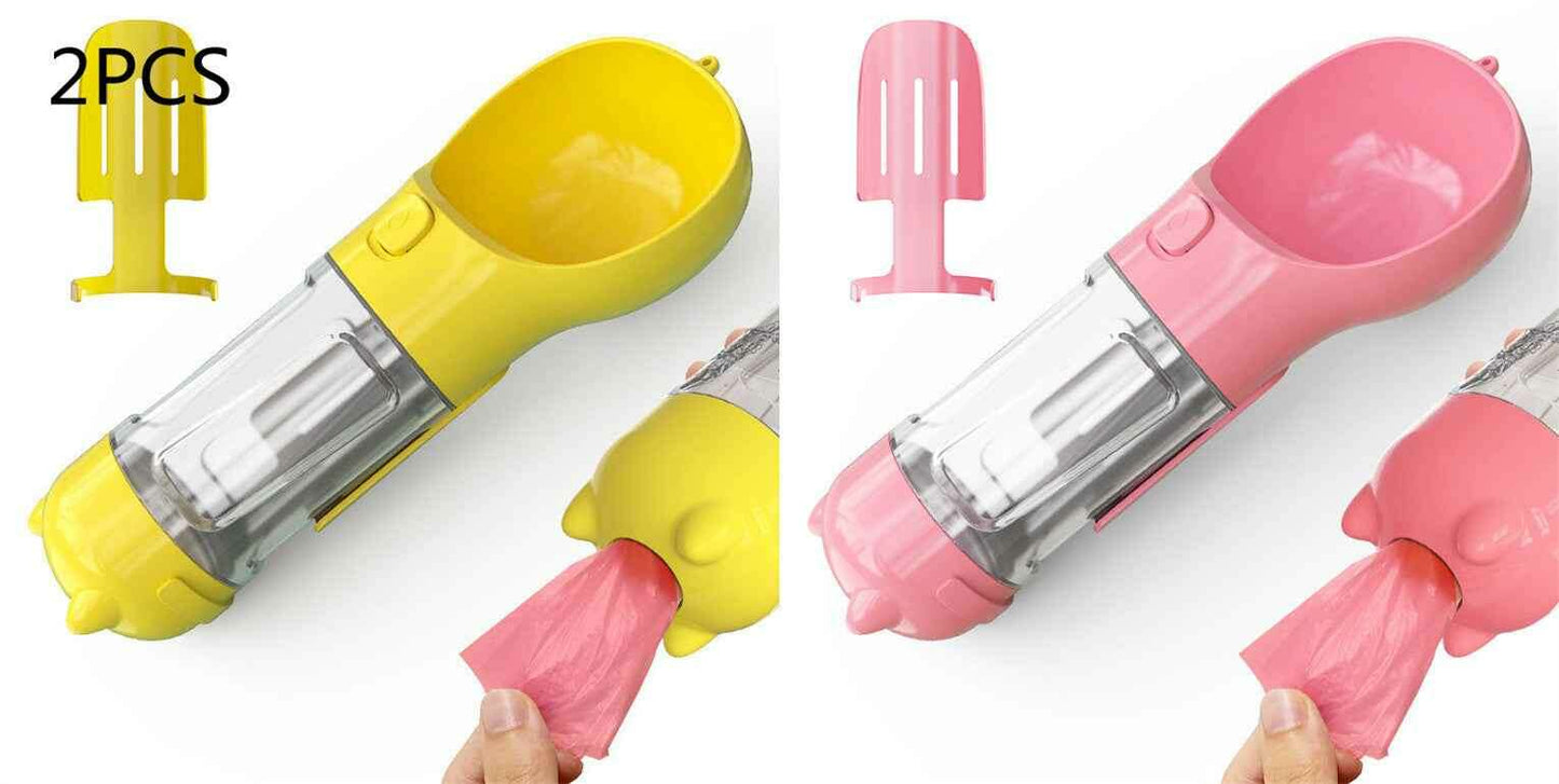3-in-1 Portable Pet Water Bottle with Feeder, Bowl & Waste Bag Holder Yellow 2pcs pink 300ml