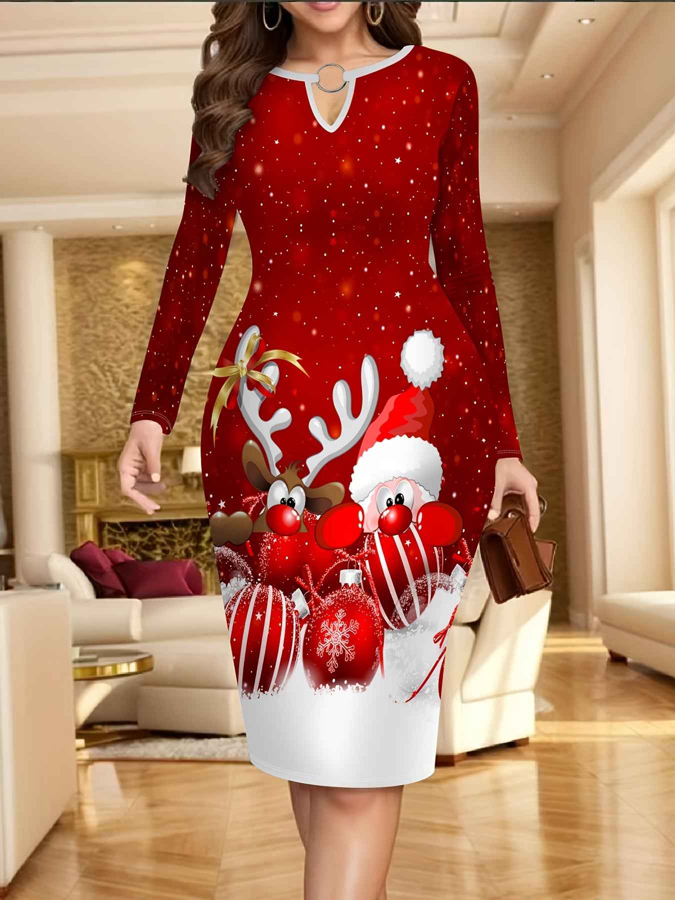 Women's Christmas Reindeer Snowflake Dress - Short Sleeve A-Line Party Dress with Festive Patterns for Winter Holiday, New Year's Eve, and Prom - Elegant Machine Washable Attire