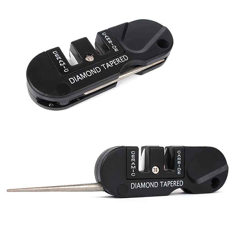 [Multi-Tool Knife Sharpener] 4-in-1 Multi-Tool Outdoor Knife Sharpener & Sharpening Tool | Lightweight Stainless Steel Clip-On Design, Ambidextrous, for Camping, Hiking, Fishing, DIY Projects, Camping Accessories, Sleek Metal