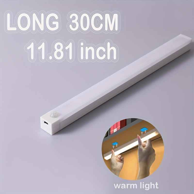 Rechargeable Motion Sensor LED Light Strip with Magnetic Adhesive & USB Power - Smart Cordless Lighting for Kitchen, Wardrobe, Stairs, Hallway Warm Light 11.81inch