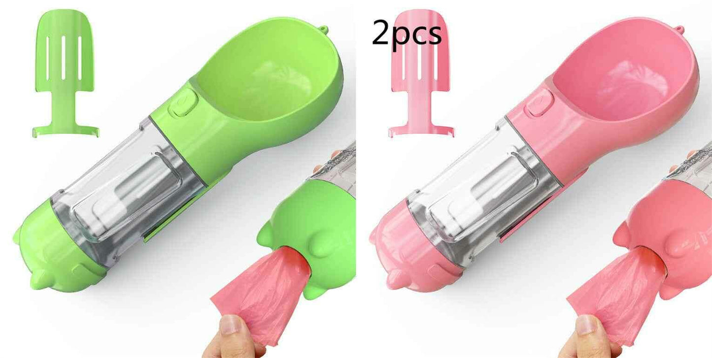 3-in-1 Portable Pet Water Bottle with Feeder, Bowl & Waste Bag Holder Green pink 2pcs. 300ml