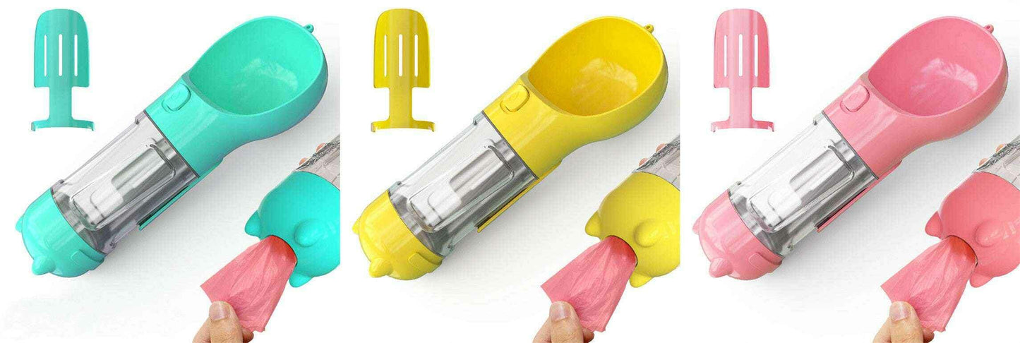 3-in-1 Portable Pet Water Bottle with Feeder, Bowl & Waste Bag Holder Blue pink yellow 300ml