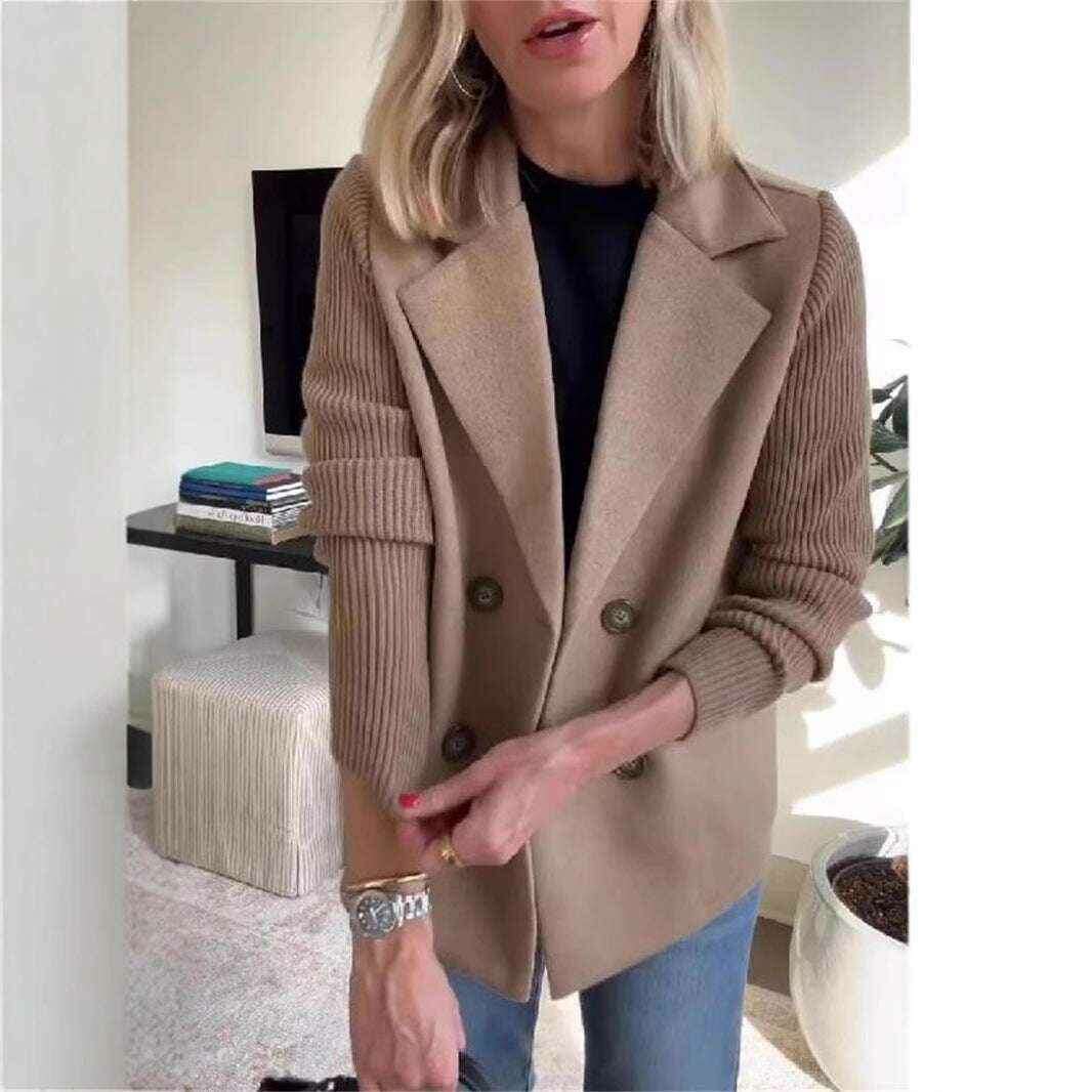 Double-Breasted Lapel Jacket with Knitted Sleeve Splicing Coat Brown
