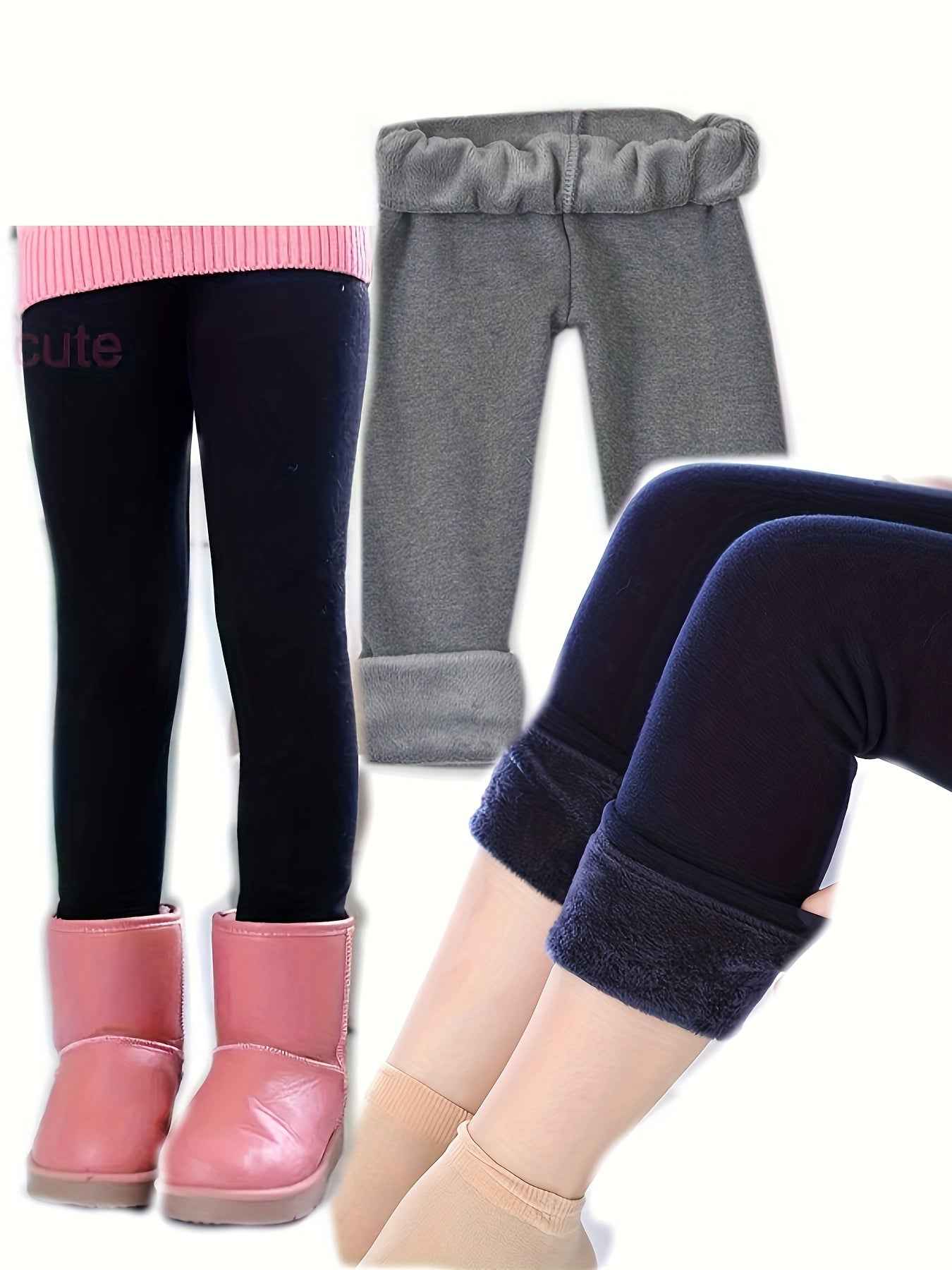 3pcs Winter-Lined Leggings for Kids - Warm Skinny Fit Tights for Boys & Girls, 95% Polyester/5% Spandex, Perfect for Playdates and Cold Weather