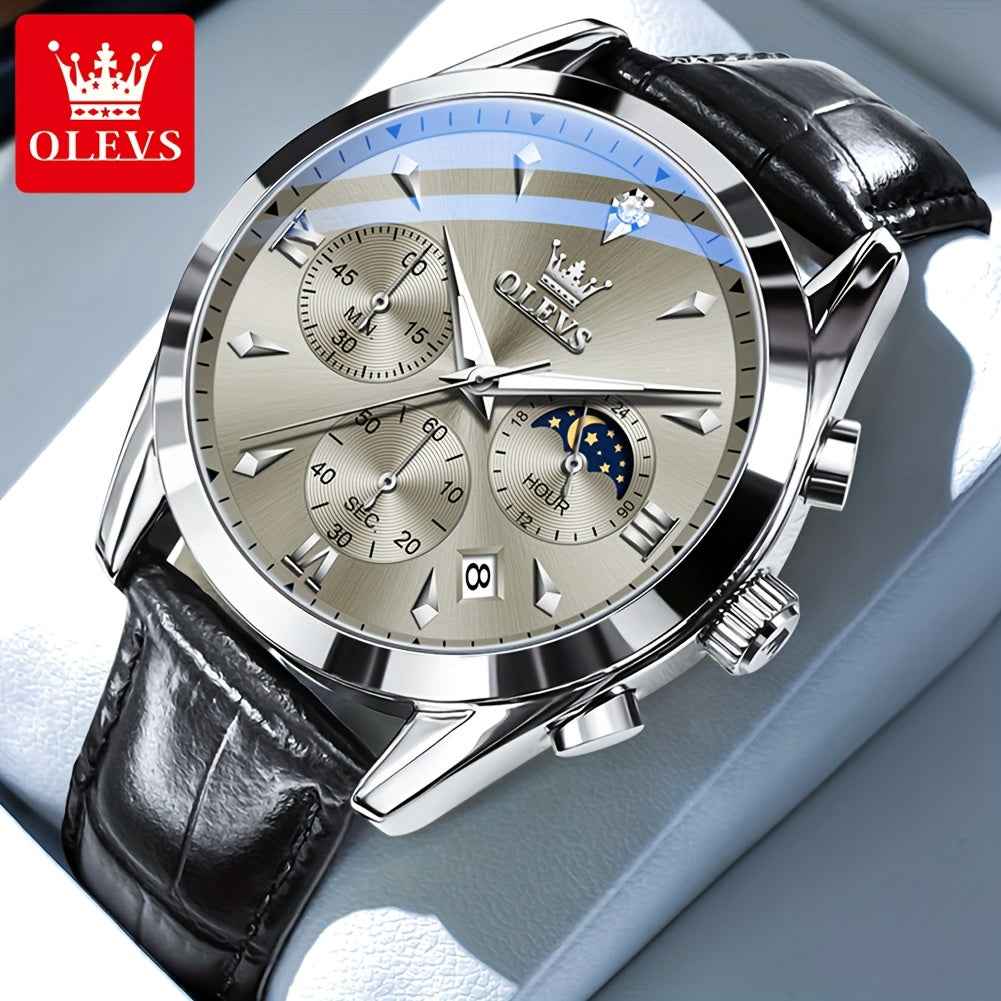 OLEVS Men's Luxury Quartz Watch - Luminous Date & Day Display, Stainless Steel Case, PU Leather Strap, Rose Gold Accents for Business and Casual Wear Gray