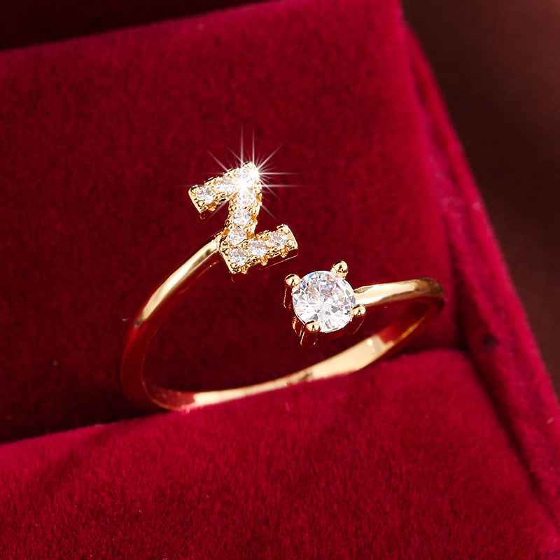 Fashionable 26 English Letters Four-Prong Synthetic Synthetic Zirconia Open Adjustment Ring Ｚ Golden