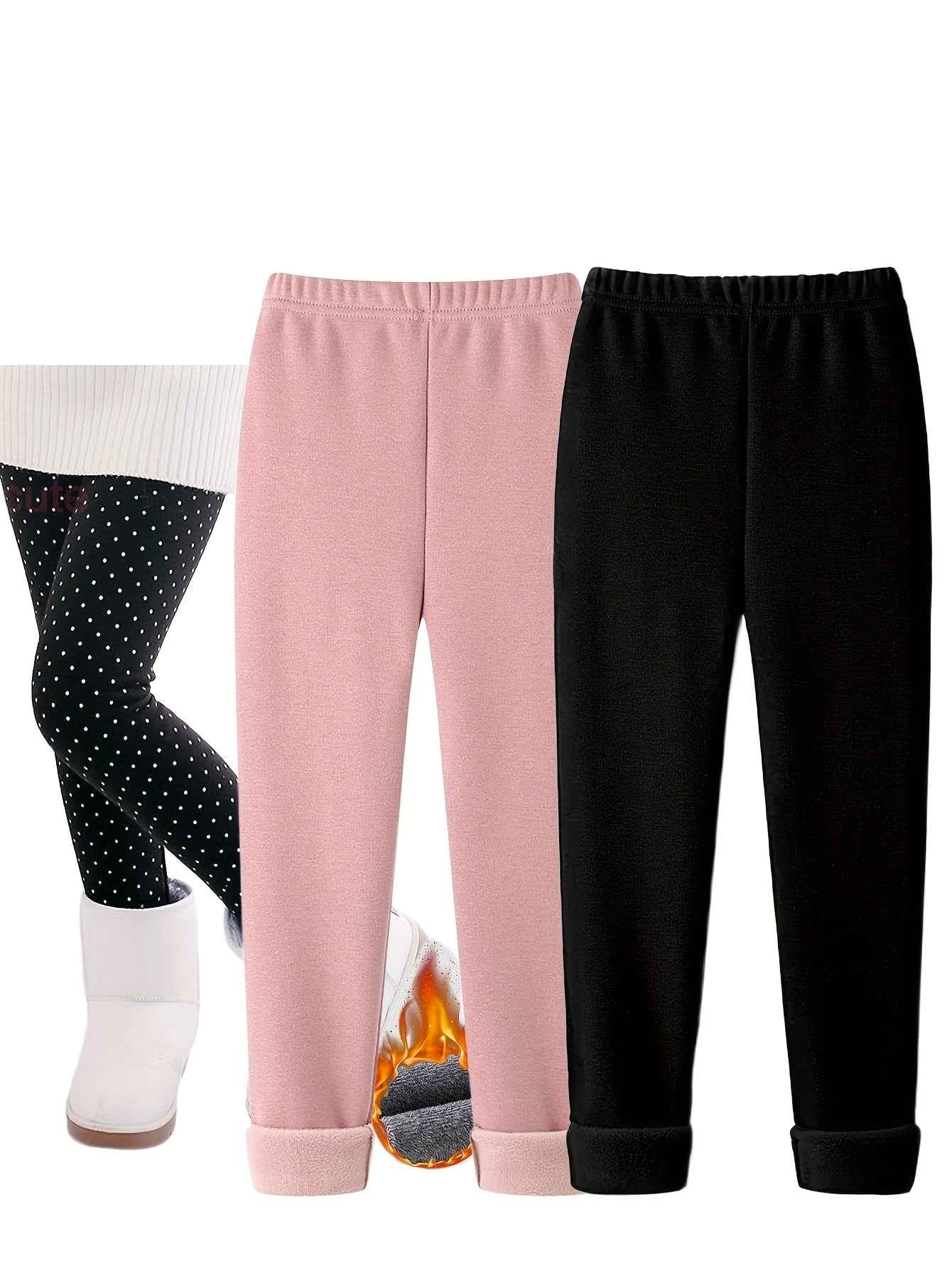 3pcs Winter-Lined Leggings for Kids - Warm Skinny Fit Tights for Boys & Girls, 95% Polyester/5% Spandex, Perfect for Playdates and Cold Weather