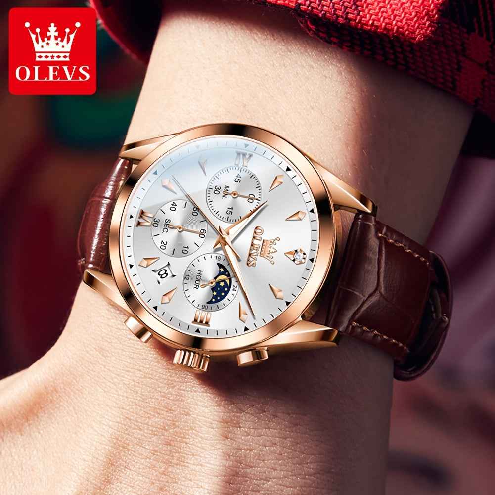 OLEVS Men's Luxury Quartz Watch - Luminous Date & Day Display, Stainless Steel Case, PU Leather Strap, Rose Gold Accents for Business and Casual Wear