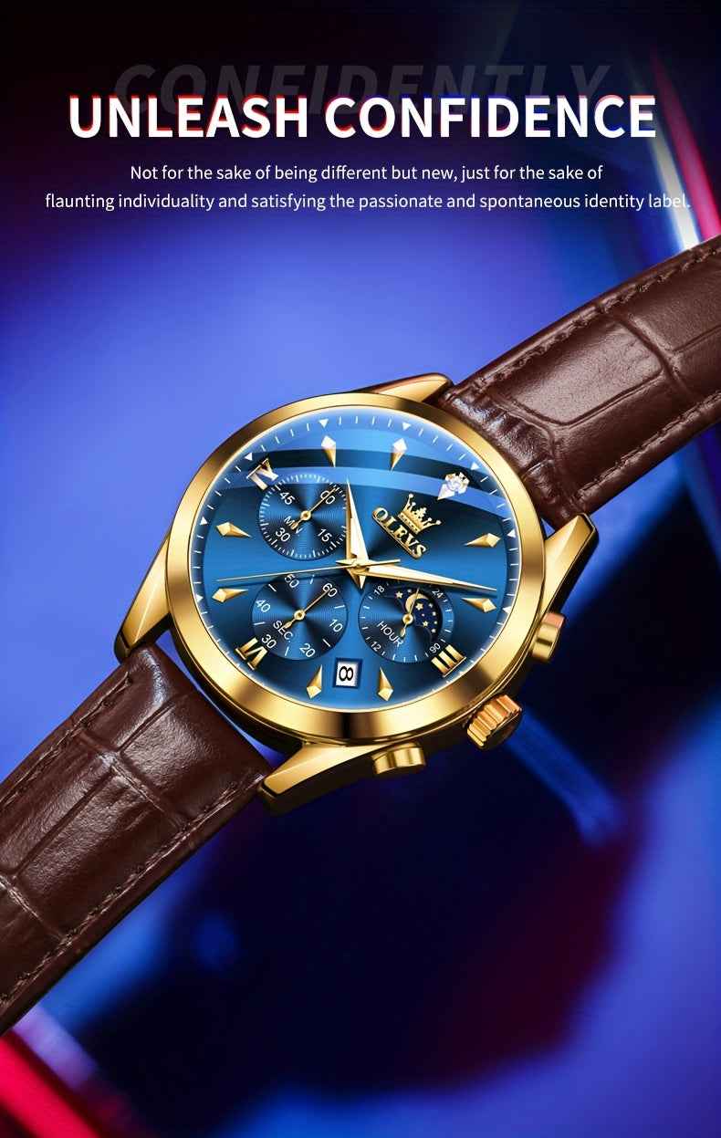 OLEVS Men's Luxury Quartz Watch - Luminous Date & Day Display, Stainless Steel Case, PU Leather Strap, Rose Gold Accents for Business and Casual Wear