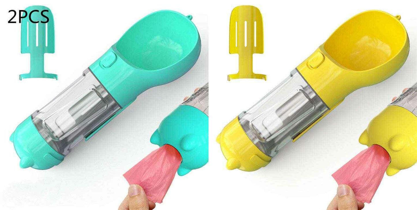 3-in-1 Portable Pet Water Bottle with Feeder, Bowl & Waste Bag Holder Blue 2pcs yellow 300ml