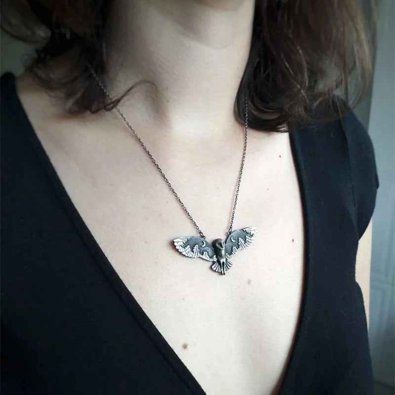 Vintage Owl Pendant Necklace with Moon Phase Art – Unique Animal Totem Jewelry Gift for Women and Women's Satin Pajama Set