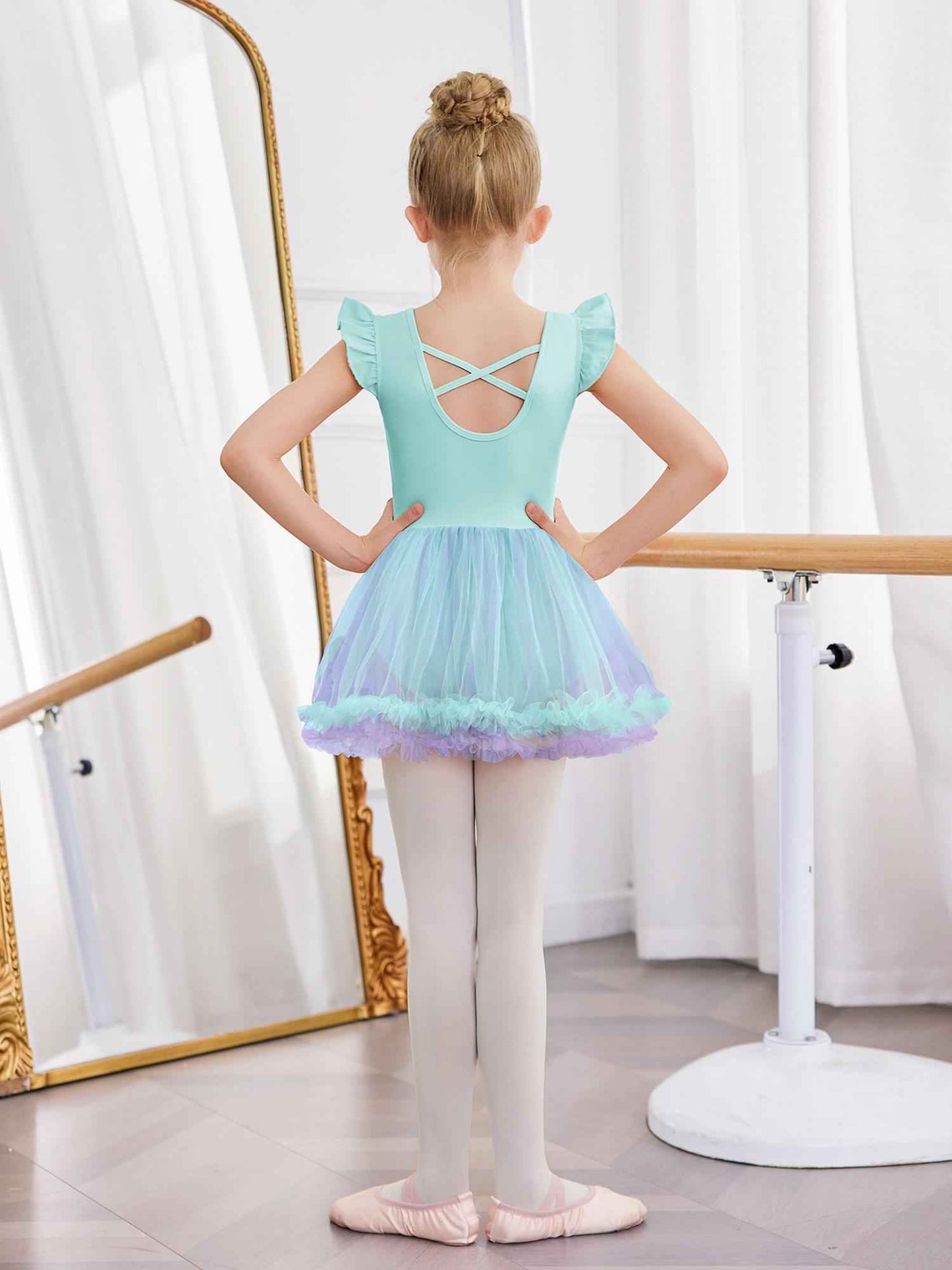 Girls Ballet Tutu Dress with Cross-Back Design and Ruffled Sleeves - Elegant White A-Line Leotard for Dance, Gymnastics, and Recitals